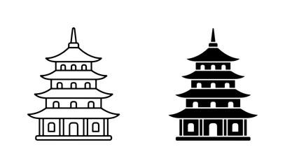 Obraz premium Japanese Pagoda Icon Set, Traditional Asian Architecture Vector Graphics, Cultural Landmark Symbols, Outline and Silhouette Building Illustrations