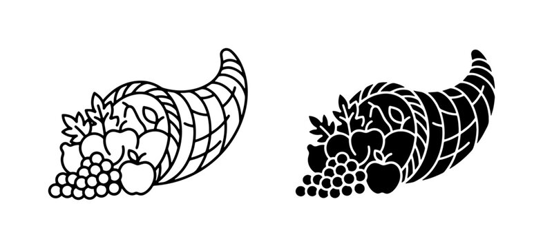 Cornucopia Vector Icons: Abundant Harvest Fruit, Grapes, Apples, Leaves, Thanksgiving Symbol, Autumn Bounty, Celebration Design Elements