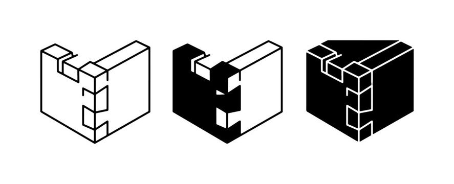 Woodworking Joints, Dovetail and Mortise Tenon, Vector Icons Set, Black and White, Construction, Carpentry, Assembly