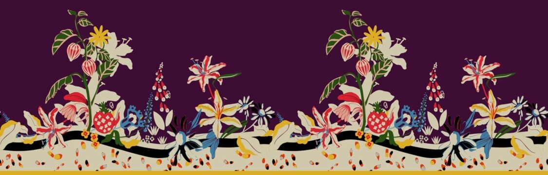 Vintage grunge music background with abstract floral patterns, pink flowers, and musical notes in a seamless vector illustration design