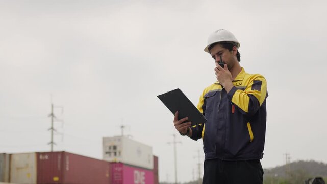 A logistics engineer coordinates supply chain management, using a two-way radio for communication while reviewing a manifest at an industrial container yard.