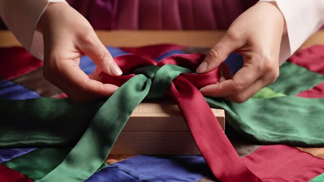 Woman in traditional Korean hanbok carefully tying a knot with colorful satin ribbons on a wooden box, cultural handicraft and tradition