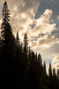 Canada, BC, Bowron Lake Provincial Park.  Cloud formation over the forest at Isaac Lake. Bowron Lakes, on the western slopes of the Cariboo Mountains is a popular canoe circuit.
