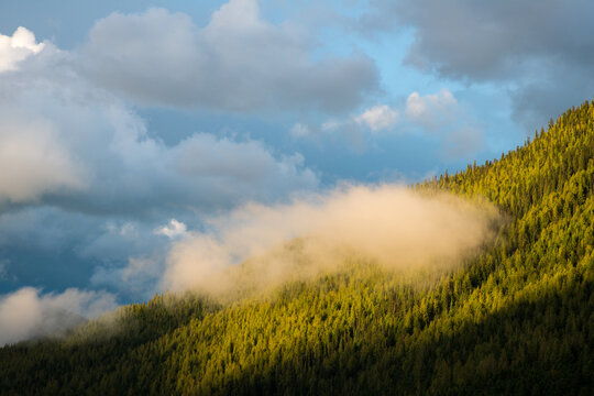 Canada, BC, Bowron Lake Provincial Park.   Cloud on the surrounding hills at Isaac Lake.  Bowron Lakes, on the western slopes of the Cariboo Mountains is a popular canoe circuit.