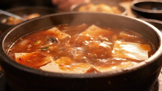 Steaming hot sundubu jjigae, a spicy korean tofu stew with soft tofu, rich broth, and chili flakes in a dark stone pot, perfect for food blogs