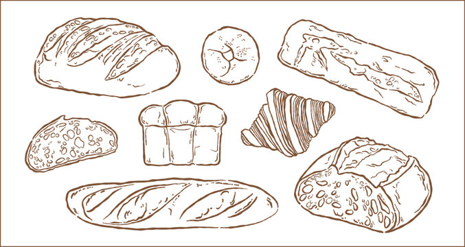Hand drawn bakery bread and pastry line art illustration set. Cute doodle sketch of artisan sourdough, baguette, croissant and bagel with brown ink. Vector isolated on white background.