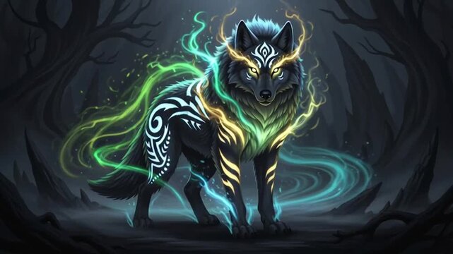 Powerful tiger and wolf heads merge in a black vector illustration featuring wild animal silhouettes and glowing eyes for a fierce nature logo design