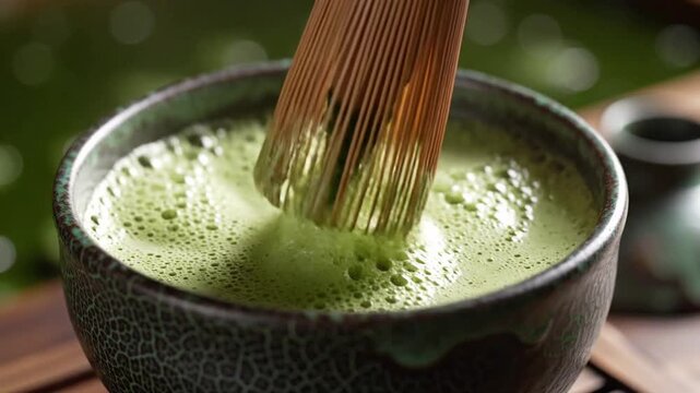 Preparing matcha green tea powder with a bamboo whisk in a textured ceramic bowl, frothing the beverage for a traditional Japanese tea ceremony, organic healthy drink