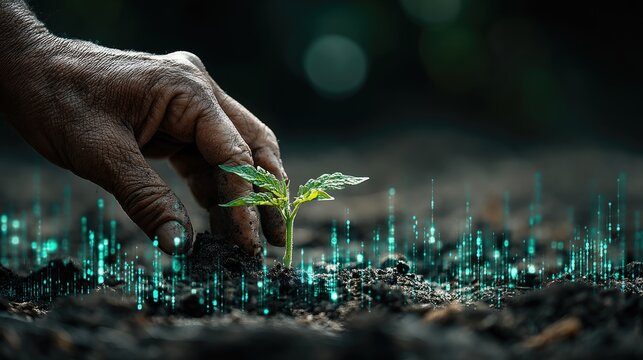 Hand planting a seedling, green digital energy particles and carbon footprint reduction stats rising up, sustainable agriculture concept 