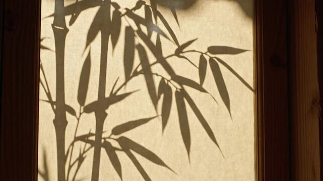 Shadows of bamboo stalks and leaves cast on a textured paper surface, natural light creating an organic pattern