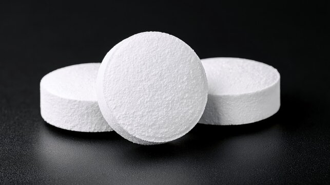 Three round white effervescent tablets stacked on a dark surface, showcasing texture and detail, ideal for health and wellness product representation