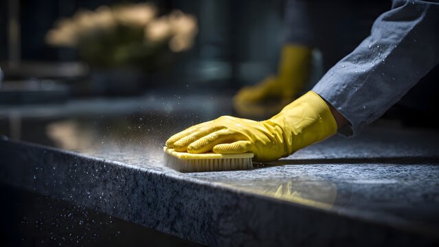 Hand cleaning stainless faucet with rubber gloves and vinegar spray, top-down sun.