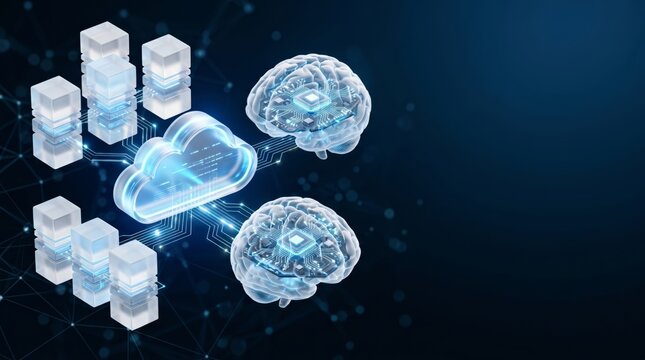 AI Brain with Microchip Connecting to Cloud Server Network on Dark Blue Background 3d render