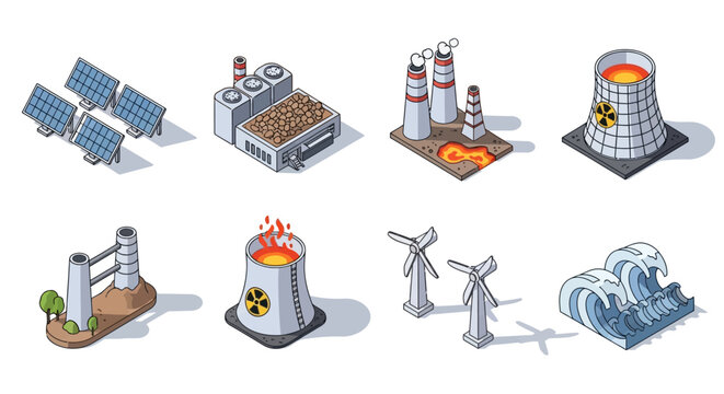 Isometric illustration of various power generation facilities including solar panels, wind turbines, nuclear power plants, and a wave energy converter.