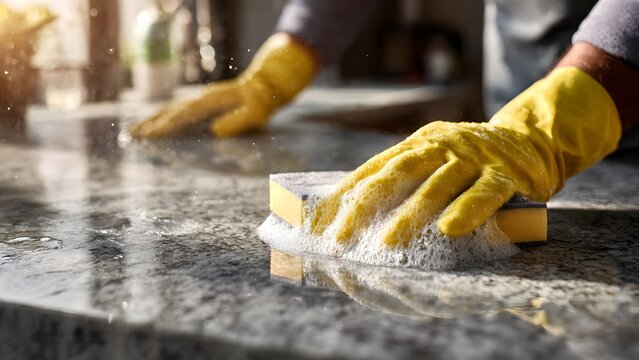 Hand cleaning modern chrome tap with eco gloves and soapy water, morning close-up.