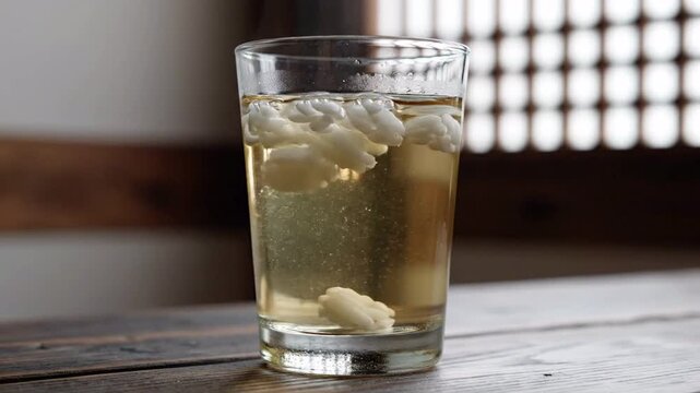 Traditional Korean drink hwachae in a clear glass with textured white flower petals floating in amber liquid, soft natural light