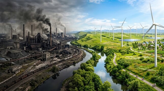 The image contrasts a heavily polluted industrial landscape with a clean, renewable energy environment.