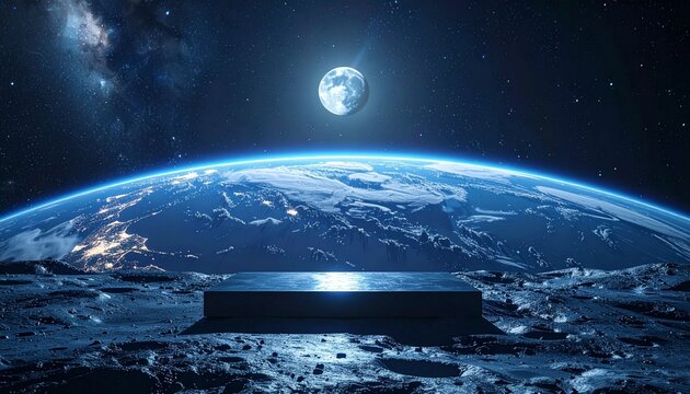 A blue gray, black pallet or display base is placed on the Earth's surface, illuminated by moonlight. The backdrop is the solar system. 3D rendering.