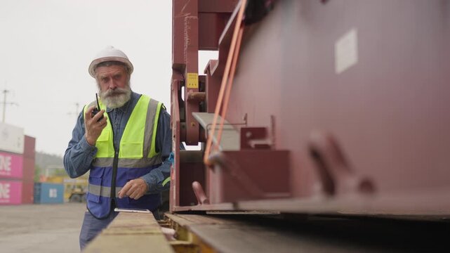A senior logistics manager coordinates freight at a container terminal, using a tablet and walkie-talkie for efficient supply chain management.