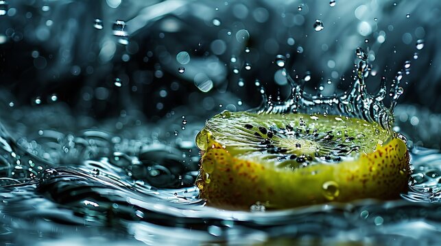 Close up of a fresh kiwi slice in water with splashing droplets creating a lively scene