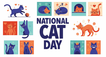 Fototapeta premium Colorful cat illustrations in squares with National Cat Day text in playful flat design for social media