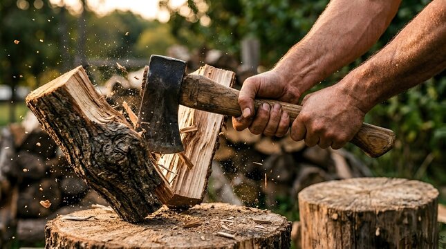 Close-up of Wood Chopping Action