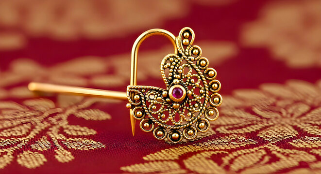 Gold Nath Nose Ring with Ruby on Red Brocade