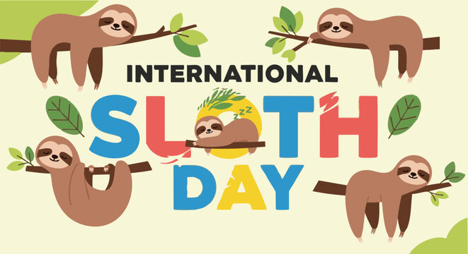 Sloths hanging colorful International Sloth Day banner in playful vibrant lighting for social media