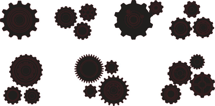 Gear clusters appear as dark silhouettes arranged in a grid for technical and engineering concepts.