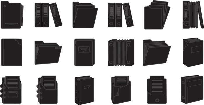 A grid of black folder icons and document binders are presented on a white background, representing organizational tools.