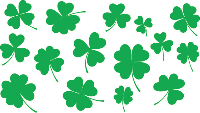 A collection of green shamrock and four-leaf clover icons are scattered across a white background in various sizes and orientations.