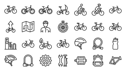 Collection of various bicycle and cycling related icons in black and white. © BANJARETNO