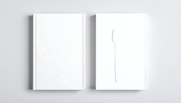 Minimalist white books, one with subtle spoon imprint