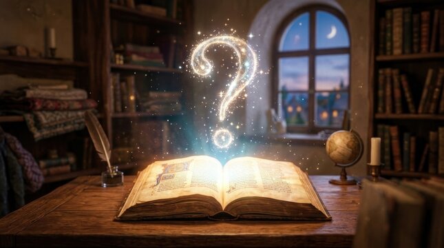 A glowing question mark appears to materialize from an open, antique book resting on a wooden desk.