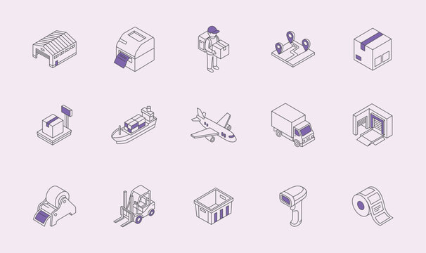 Logistics and shipping isometric line icon set for supply chain management