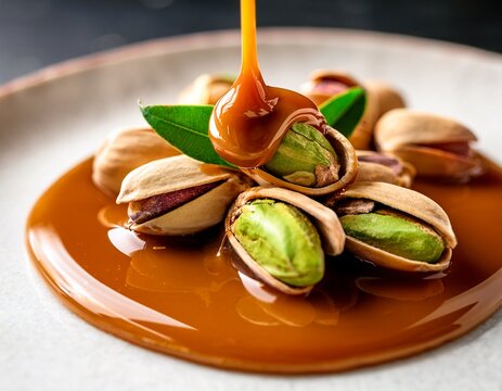 delicious pistachios cracked open revealing vibrant green kernels with rich caramel sauce splashing and dripping creating an enticing food and snack visual