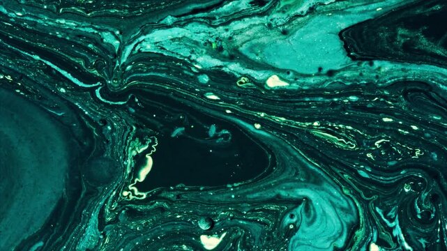 Abstract flowing liquid patterns in teal and black with swirling motion
