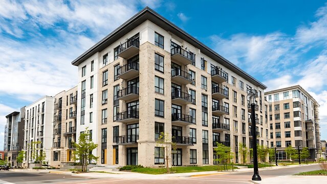 Modern apartment buildings with balconies.