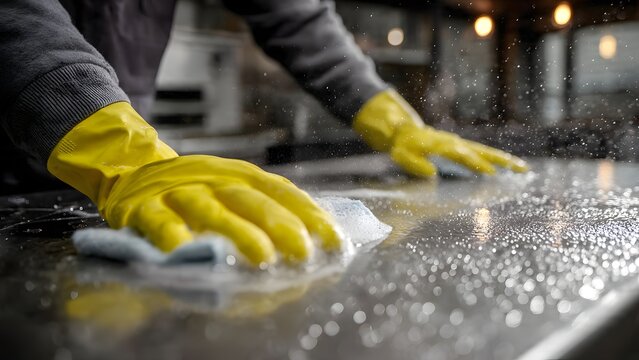 Male janitor cleaning granite countertop with yellow gloves and soapy sponge.