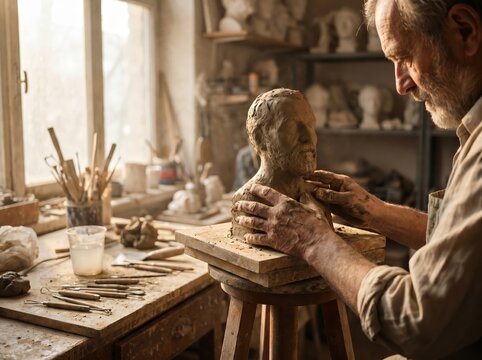 Artist sculpting a bust in a workshop