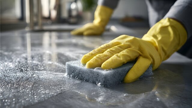 Male janitor cleaning granite countertop with gloves and disinfectant spray.