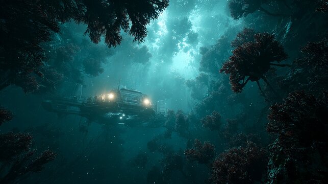 Deep ocean trench with bioluminescent creatures and futuristic underwater research station cinematic sci fi scene