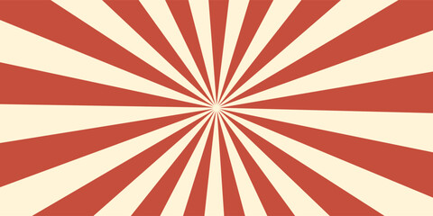 Circus vintage tent background. Retro sun rays pattern. Vintage starburst poster. Star burst radial lines texture. Red stripes. Circus, carnival, summer fair backdrop. Vector illustration. © Hosinah