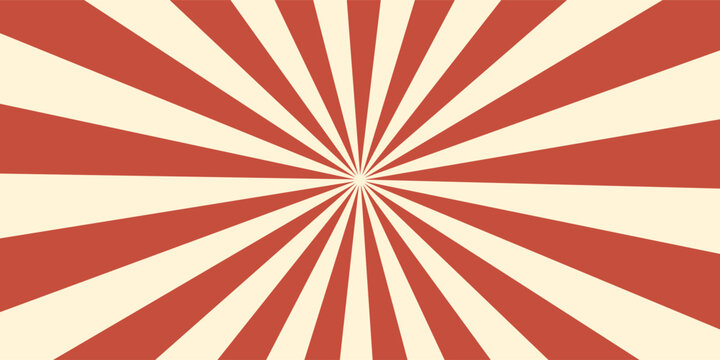 Circus vintage tent background. Retro sun rays pattern. Vintage starburst poster. Star burst radial lines texture. Red stripes. Circus, carnival, summer fair backdrop. Vector illustration.