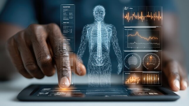 Human resources specialist interviewing a candidate on a tablet with holographic video call, assessment, and talent pool graphics. 
