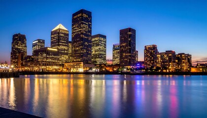 Fototapeta premium Modern city skyline at twilight, reflecting in water