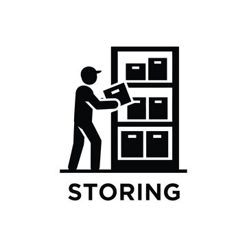 storage icon featuring a worker placing a box onto a shelving unit black silhouette on white high quality professional detailed