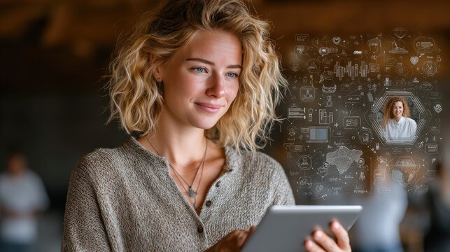 Human resources specialist interviewing a candidate on a tablet with holographic video call, assessment, and talent pool graphics. 