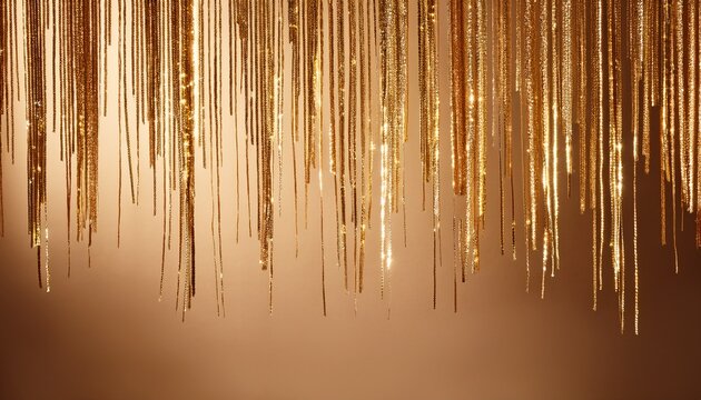 minimal vertical strands of golden tinsel shimmer against a soft warm lit matte background creating an elegant luxurious texture