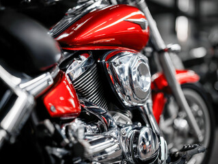 Fototapeta premium Shiny red motorcycle with polished chrome engine components showcasing classic design and vibrant paintwork in a garage setting with blurred background
